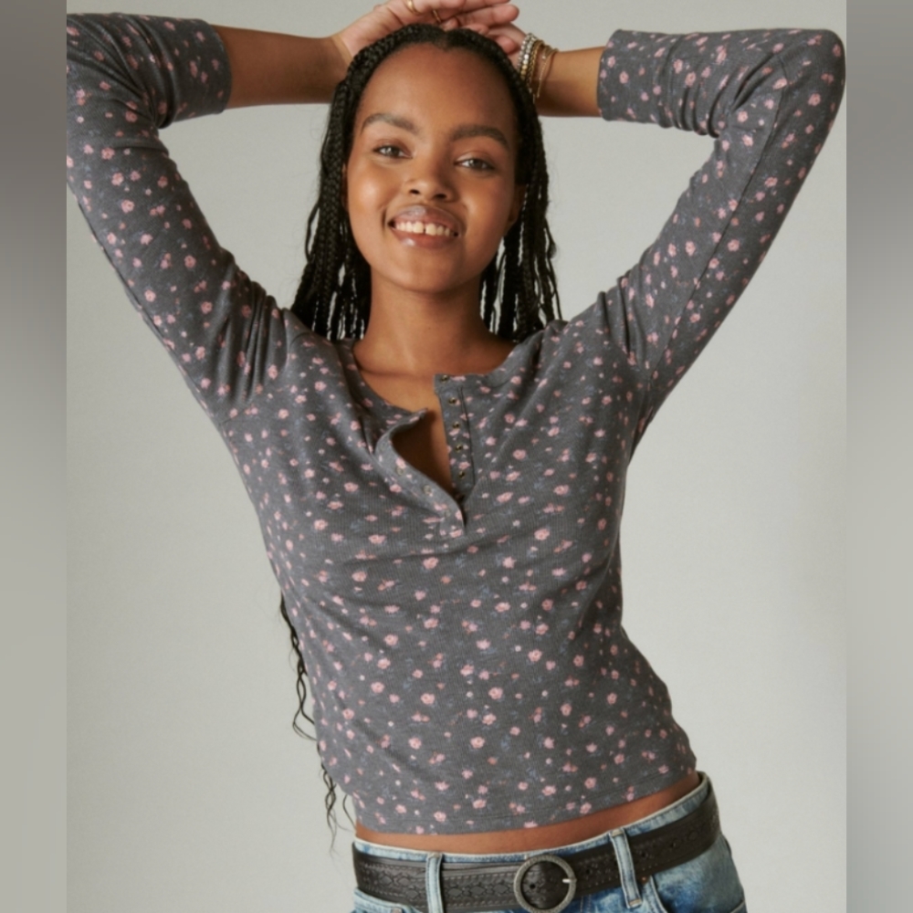 Lucky Brand Snap Rib Floral Henley, Size S